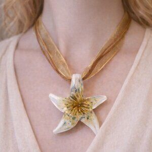 Handmade Glass Starfish Necklace | Beachy Artisan Pendant on Ribbon Cord
